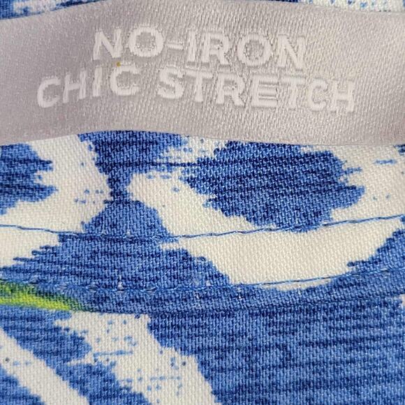 Chicos Shirt Women Size 2 US L Large Blue Green Ikat Cotton Stretch No Iron - Picture 7 of 9